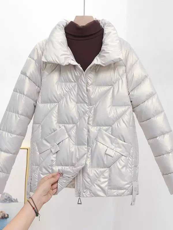 Parka de algodão lustroso feminino com gola alta, casaco curto casual, outwear feminino, casaco quente de inverno