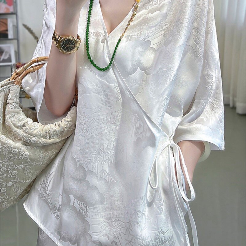 بدلة حريرية على الطراز الصيني للنساء ، بدلة أنيقة من قطعتين