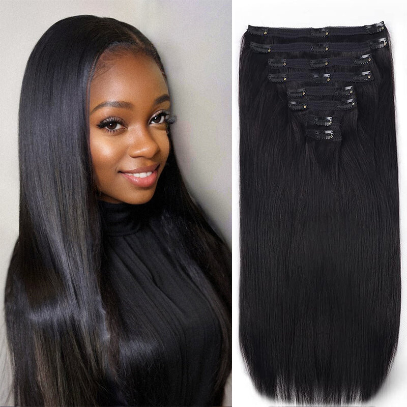 Extensión de cabello humano con Clip para mujer, 120G, liso, Color negro Natural, Remy brasileño