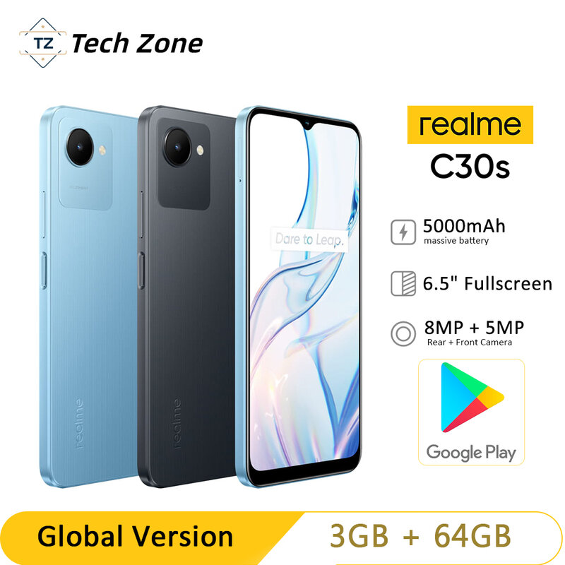 Globalna wersja realme C30s 5000mAh bateria 6.5 ''pełny Scree telefon komórkowy Octa Core 3GB 64GB smartfon 8MP odcisk palca aparatu