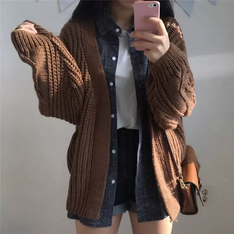 Sweter rajut ukuran besar, kardigan Sweater mantel rajutan lengan panjang manis Mode Korea musim gugur Musim Dingin 2022 cokelat