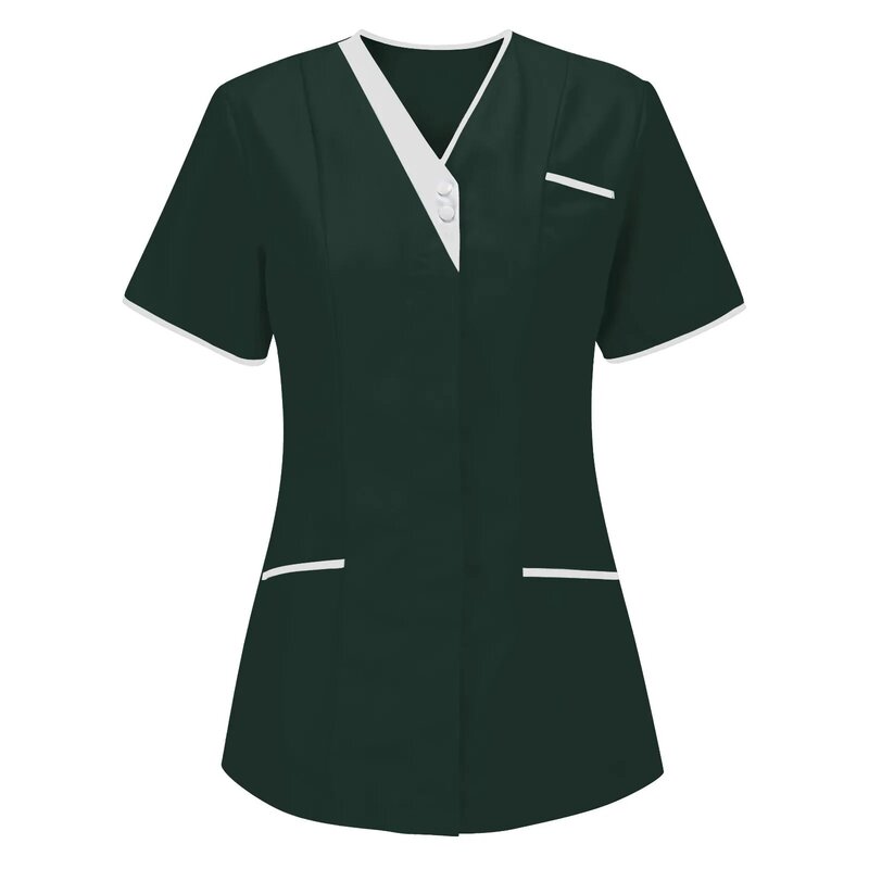 Healthcare Nurse Solid Uniform Women Pocket Scrub Tops Short Sleeve Blouse Spa Salon Overalls Medical Dental Vet Carer Uniforms