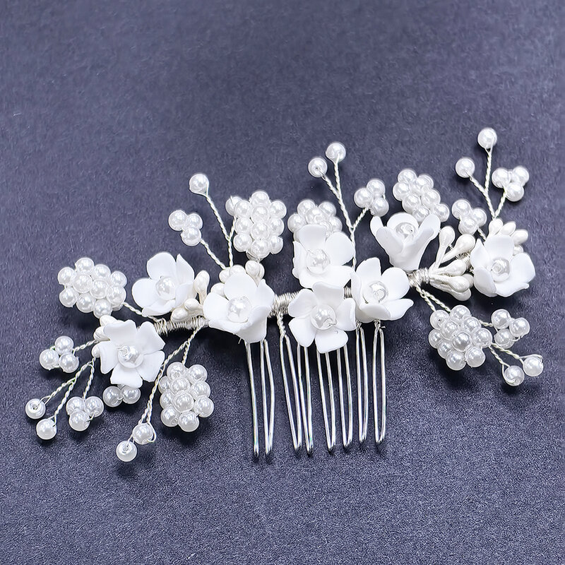 Peine de pelo de flores de cerámica de perlas adornadas nupciales brillantes para boda