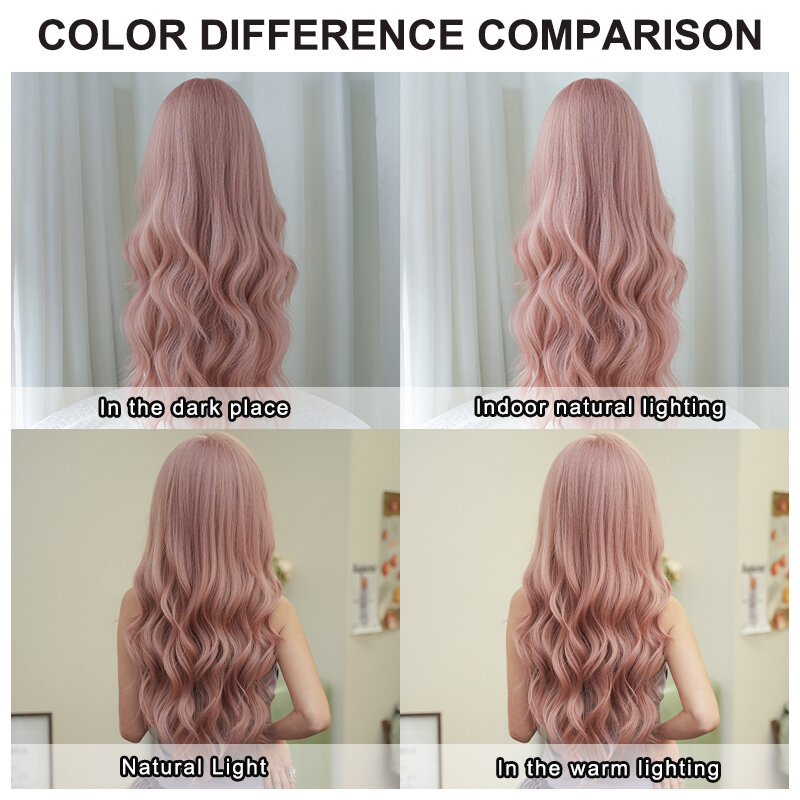7JHH WIGS Costume Wig Synthetic Body Wavy Sweet Pink Wig for Women Daily Use Fashion Loose Sakura Pink Wigs with Fluffy Bangs