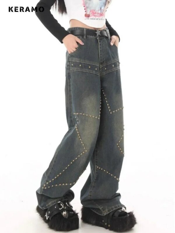Pantalones vaqueros Retro de pierna ancha para mujer, holgados de Vaqueros cintura alta, color azul claro, estética Harajuku, moda de verano, 2024
