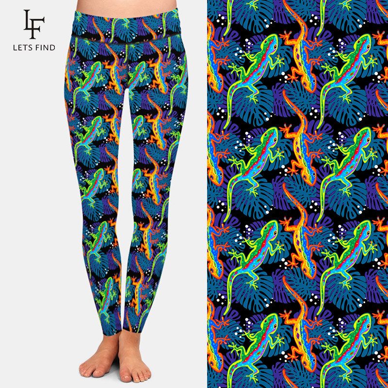 Letsfind 2020 nova womens fashions calças 3d tropical exótico com lagartos e folhas imprimir cintura alta elástico leggings