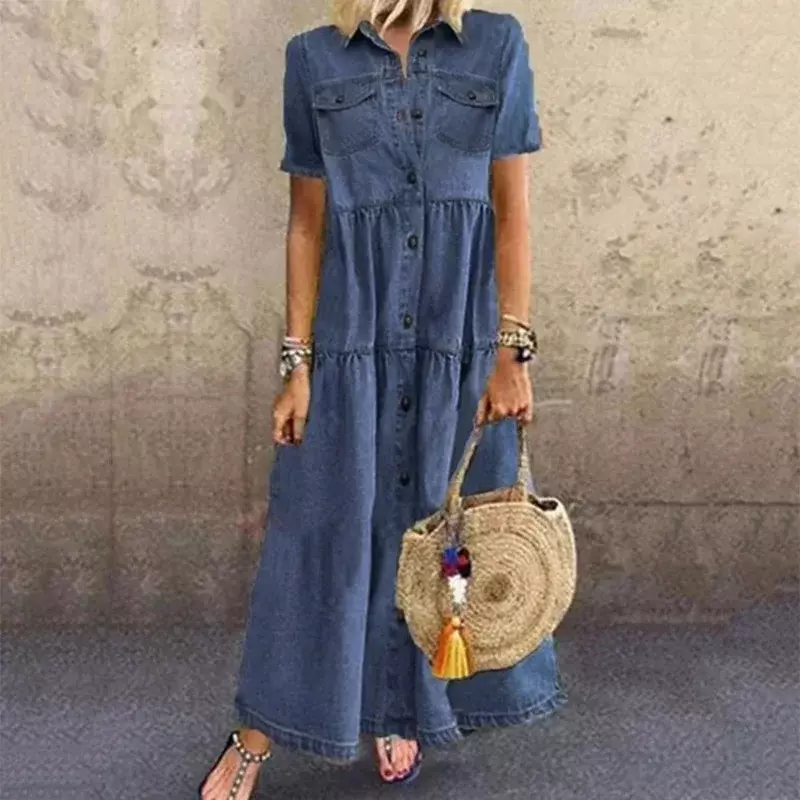 Женское джинсовое платье с коротким рукавом и отложным воротником, свободное винтажное длинное платье из денима в стиле ретро, с карманами, на пуговицах, в стиле кэжуал, XL, на лето