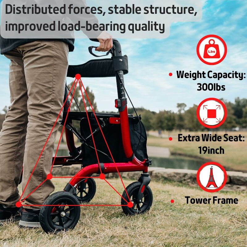 Henmnii Rollator Walker for Seniors, Lightweight Foldable All Terrain Rolling Walker with seat, Aluminum Walkers with 8 inch Rub