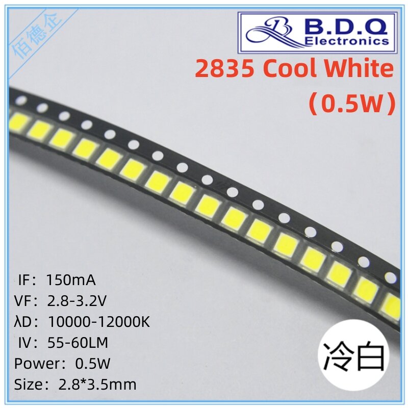 100 szt. LED SMD 2835 0.5W chłodny biały 10000-12000K rozmiar koraliki do lampy LED 2835 diody elektroluminescencyjnej wysokiej jakości