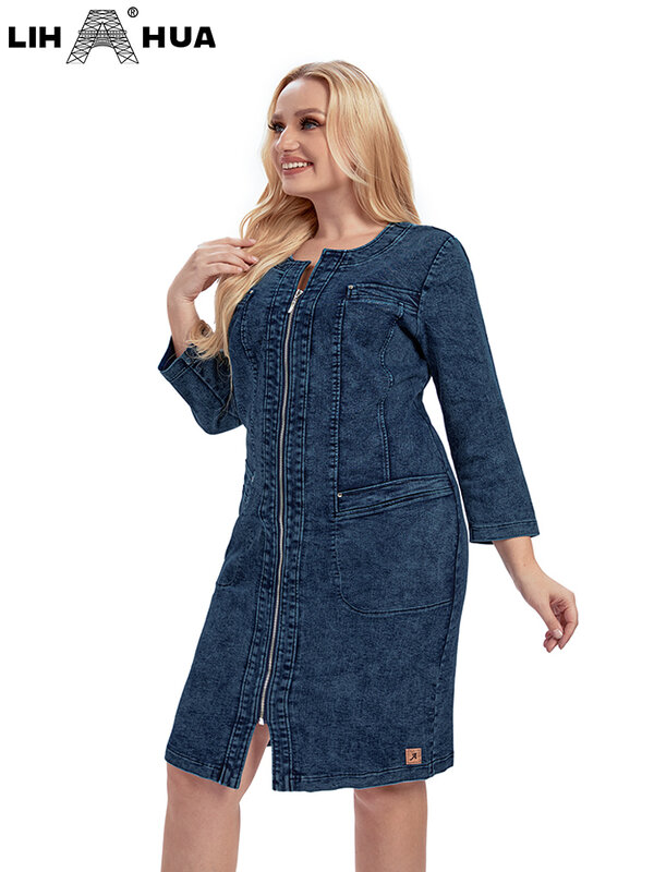 LIH HUA damska sukienka jeansowa w rozmiarze Plus o wysokiej elastyczności, jesienna, bawełniana, tkana, casualowa sukienka