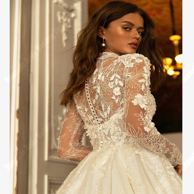 Eleganckie damskie suknie ślubne z wysokim dekoltem miękka satyna suknie na bal maturalny popularność księżniczki puszyste obszycia Vestidos De Novias