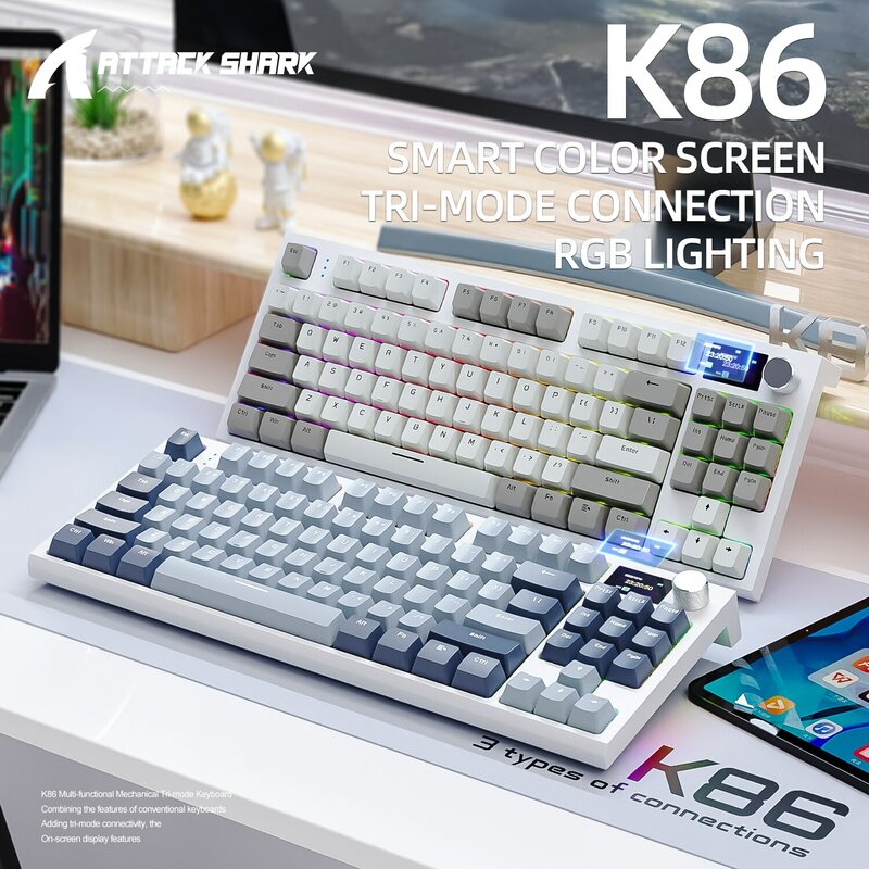 K86 Teclado Mecânico Hot-Swappable Sem Fio Bluetooth/2.4g Com Tela de Exibição e Botão Rotativo de Volume para Jogos e Trabalho