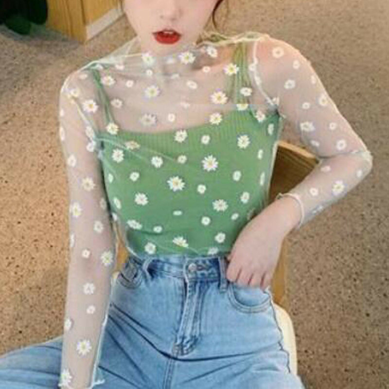 Daisy wanita kaus jala motif bunga atasan lengan panjang tipis kaus jaring ikan transparan Fashion musim panas kaus tabir surya 2023 blus elegan