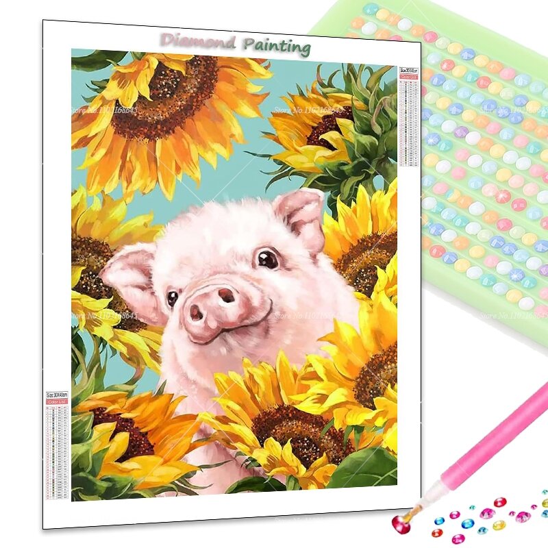 DIY 5D 페인팅 다이아몬드 노벨티 2024 귀여운 동물 돼지 해바라기 그림, 라인석 수제 공예 선물, 집 벽 장식