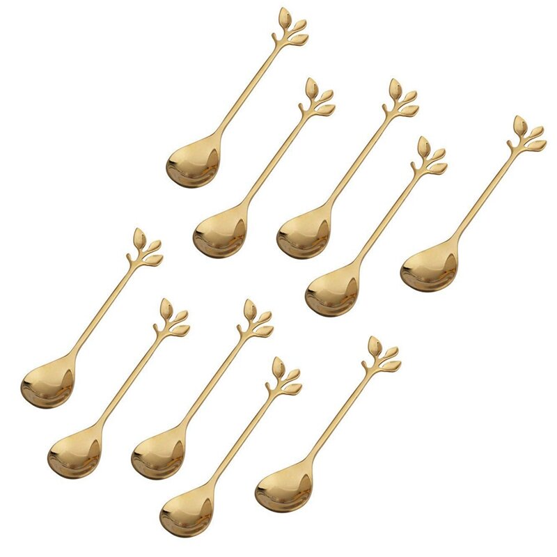 Coffee Stirring Spoon Stainless Steel Creative Branch Leaves Shape Creative Cutlery Dessert Spoon,Gold(10Pcs)