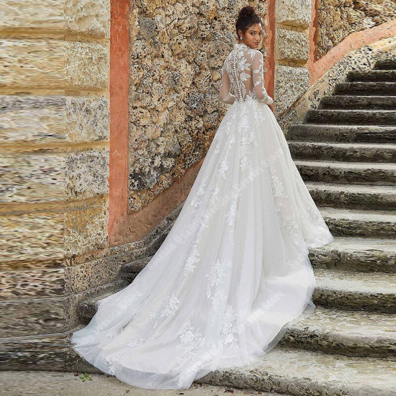 Женское ТРАПЕЦИЕВИДНОЕ свадебное платье It's yiiya, белое Тюлевое платье с длинным рукавом и цветочным принтом на лето 2024