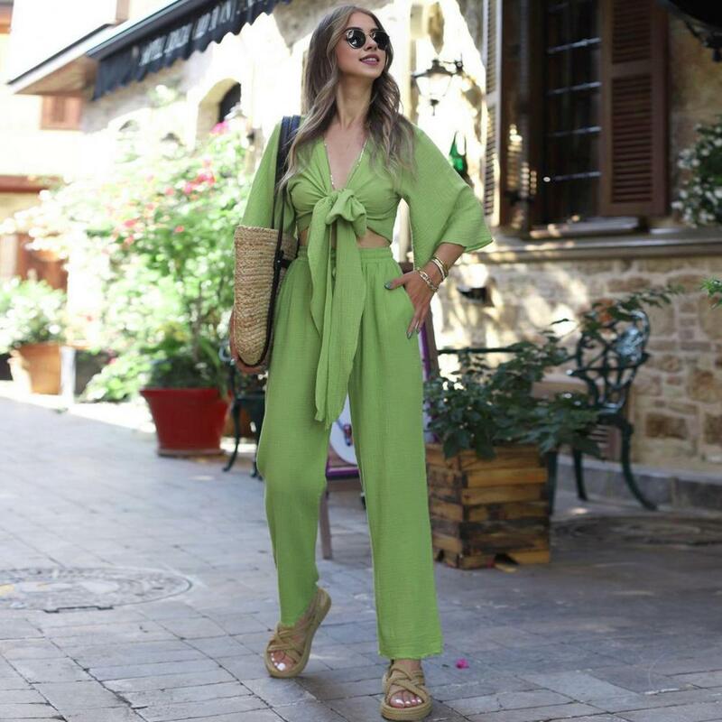 Women Two-piece Set Women Loose Fit Suit Elegant Lace-up V Neck Top Wide Leg Trousers Set for Women Stylish Vacation Style