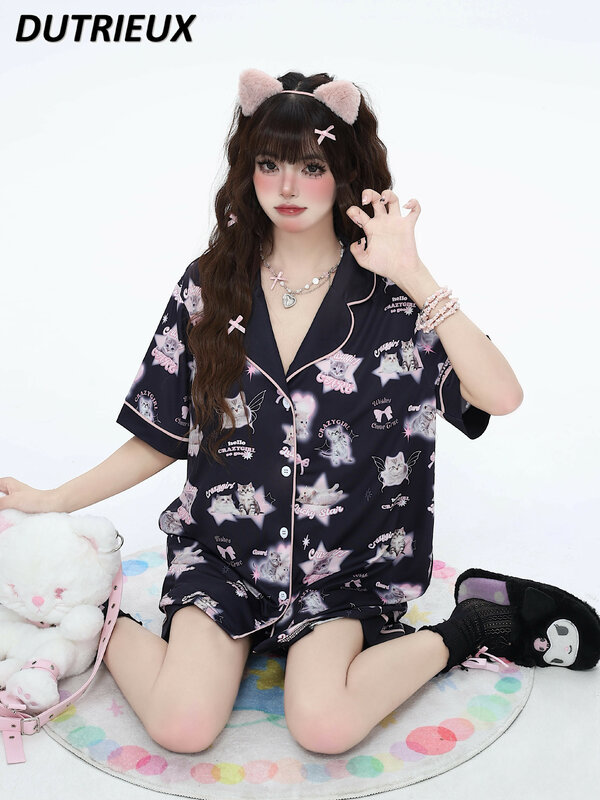 Fato de pijama confortável feminino, pijama sexy, roupa de casa solta, doce e fofo, estilo japonês, primavera e verão, conjunto 2 peças