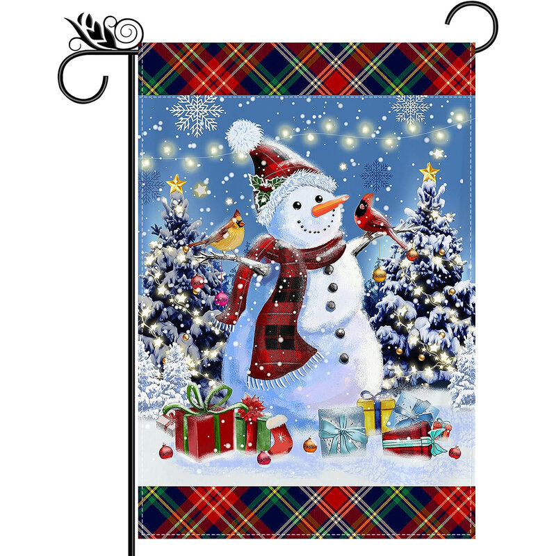 Couronne de Noël avec motif de bonhomme de neige, drapeau de jardin imprimé double face, décoration de cour de ferme, sans mât, 1 pièce