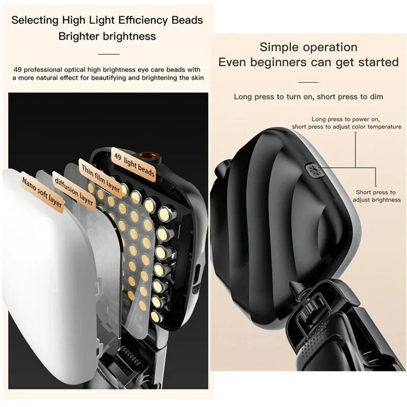 แหวนไฟเซลฟี่ LED 49ดวงสำหรับคลิปติดโทรศัพท์มือถือไฟลบเงาสำหรับถ่ายภาพไฟลบเงาสามารถชาร์จไฟได้ USB การประชุมผ่านไลฟ์