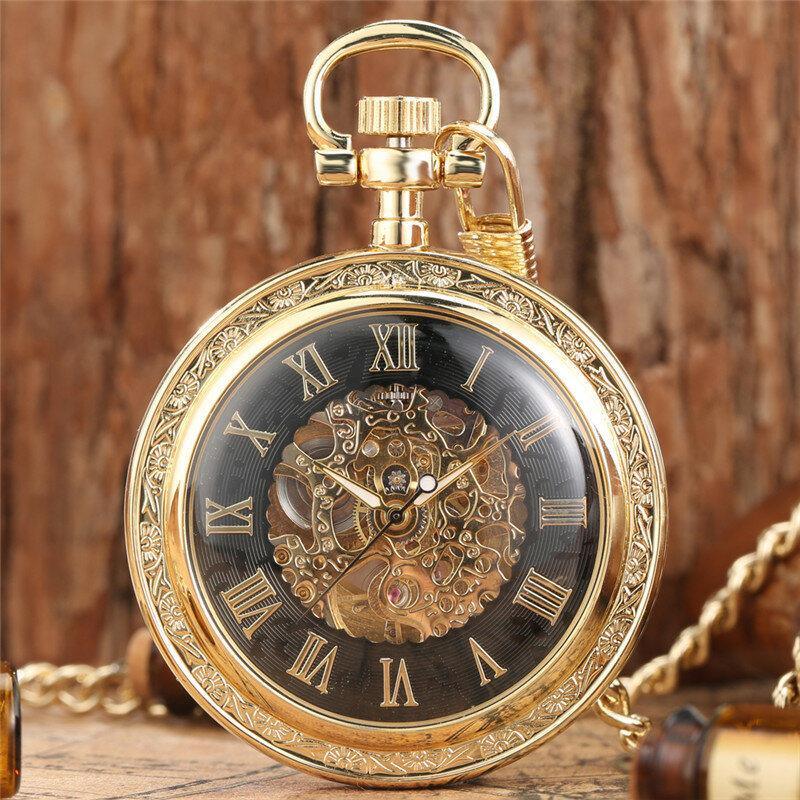Luksusowy żółty złoty zegarek kieszonkowy wyświetlacz z cyframi rzymskimi automatyczny zegarek mechaniczny dla mężczyzn na łańcuszku Fob zegarki kolekcjonerskie Reloj