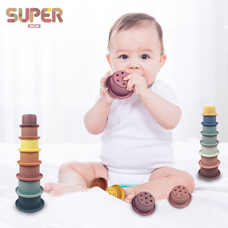 Silicone Stack Cup Baby Teether Interesting Building Block Hourglass Bath Early Educational Montessori Gift 0-36 Months Kids Toy