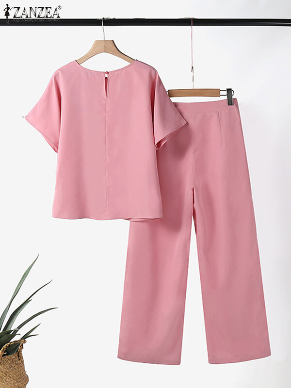 2024 zestawy spodnie damskie ZANZEA w stylu Vintage garnitury damskie pasujące zestawy jednolita, krótka rękaw luźne bluzki 2 szt