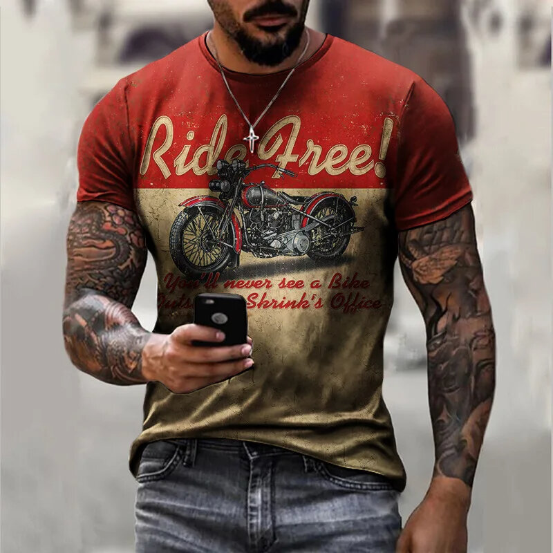 Camiseta retrô masculina de corrida de motocicleta estampada em 3D, decote em O, manga curta, roupa de rua, extra grande, moda verão, nova, 2024