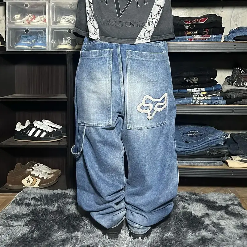 Pantalones vaqueros holgados con bordado de borde crudo para hombres y mujeres, pantalones holgados de pierna ancha, color azul lavado Vintage, Harajuku, Hip Hop, cintura alta, nuevo, Y2K