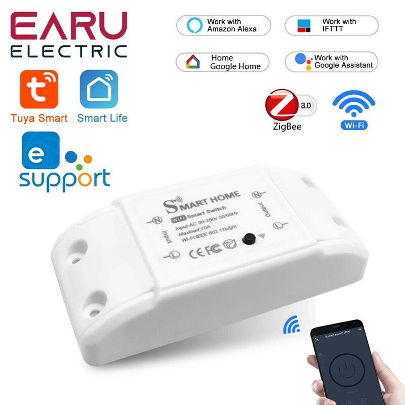 10A Tuya eWeLink WiFi Smart Home ZigBee Wireless Remote Switch Breaker Timer LED Light Controller Module with Alexa Google Home
