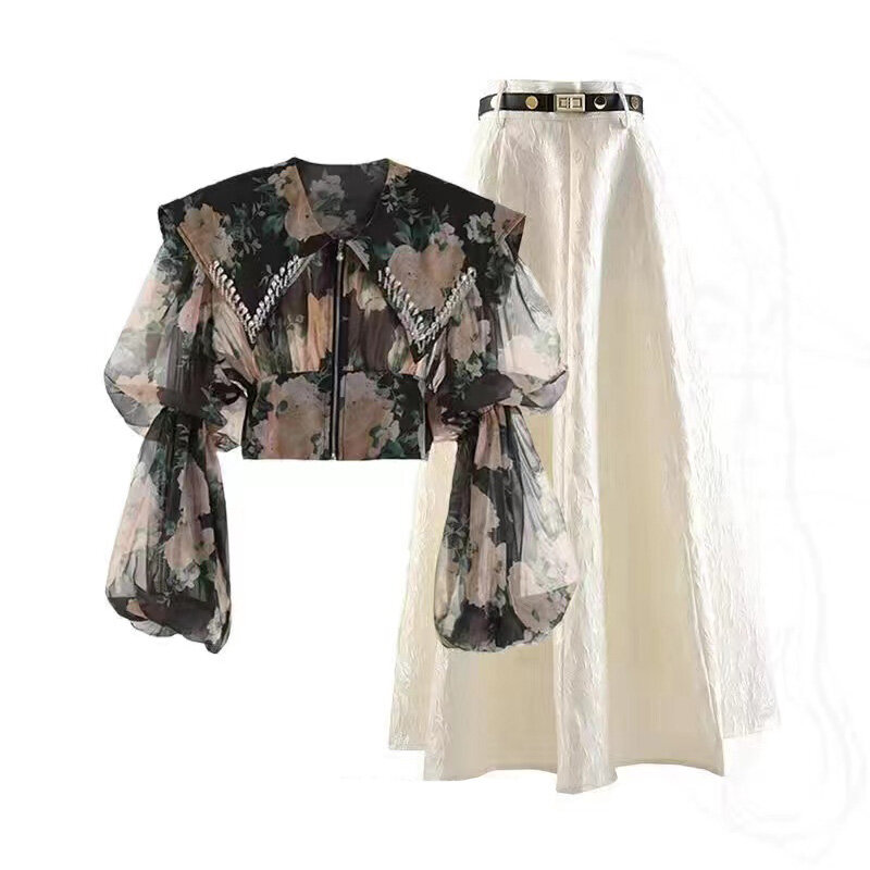 Haut de chemise à fleurs français haut de gamme pour femme, jupe taille haute amincissante, ensemble assressenti, vêtements de printemps, nouveau, 2024