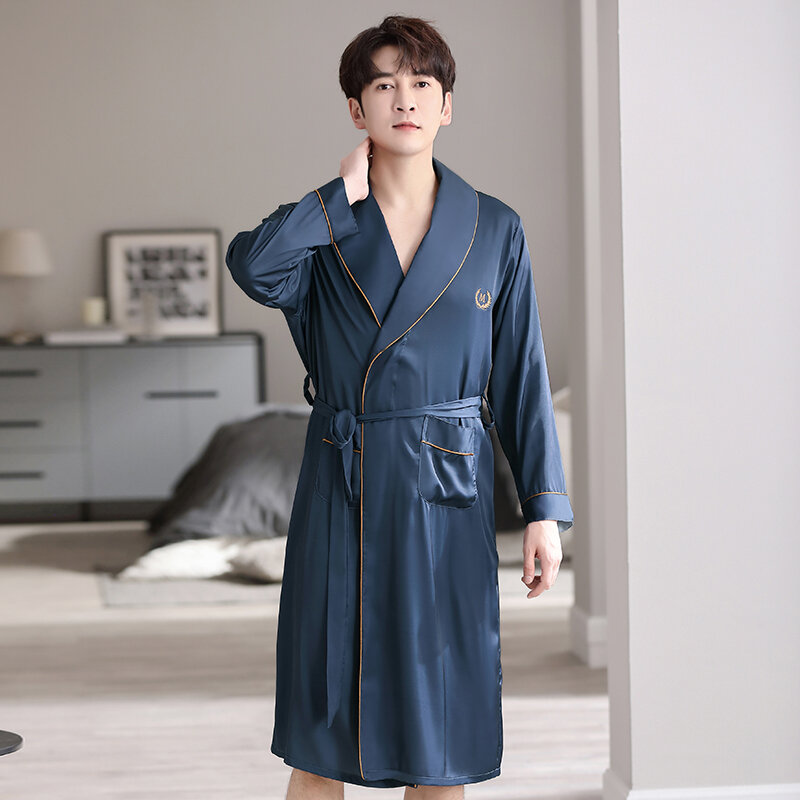 Mens Silk Satin Pajamas Sleepwear Robe Long Sleeve Robes Bathrobe V-Neck Nightgown