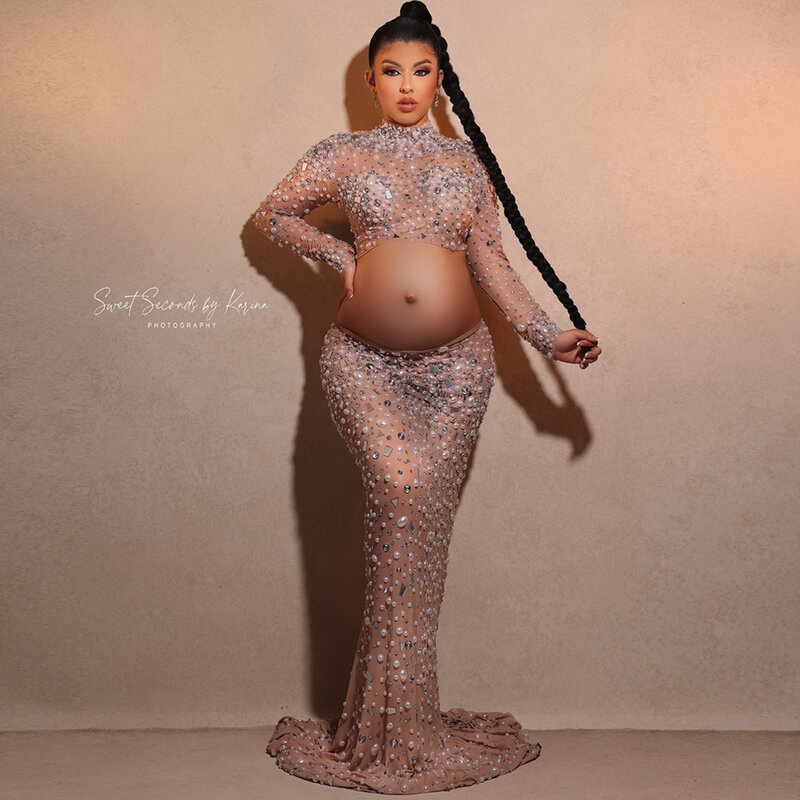 Maternity Photography Dresses Sparkly Silver Rhinestone Elastic Fabric Long Dress Sexy Goddess Pregnant Woman Photography Gown