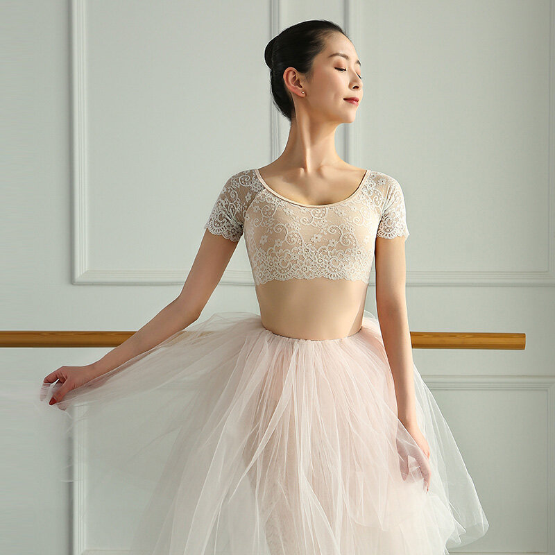 Kostum senam dewasa renda kerah bulat baru 2024 leotard dansa untuk anak perempuan baju dansa balet untuk wanita