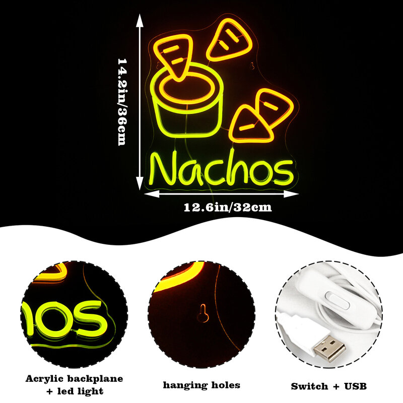 Nachos Neon Sign LED Lights, Face Wall Lamp, Food Shop, Home Bars, Party F.C., Festival Room Decoration, Handmade USB Light
