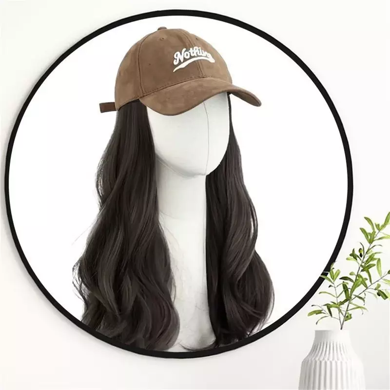 Boné sintético ondulado longo com extensões de cabelo, peruca ajustável, chapéu natural, preto e marrom, moda