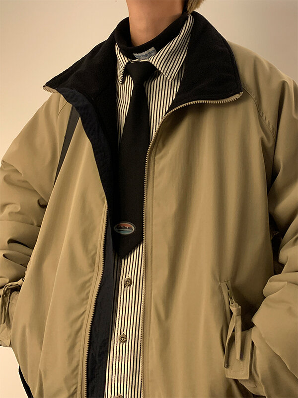 Casaco japonês de algodão masculino, harajuku, monocromático, gola alta, parka solta, rua, inverno, jaqueta casual masculina, L15