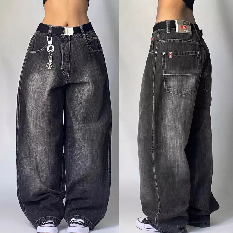Celana Jeans longgar ukuran besar untuk wanita, celana Harajuku Gotik pinggang tinggi kasual lurus modis 2024