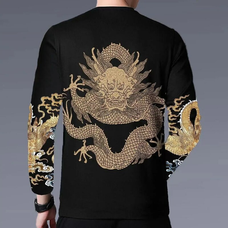 Moletom masculino com gola redonda do ano dragão chinês, camisa base masculina, suéter da moda primavera e outono, casaco da sorte, 2024