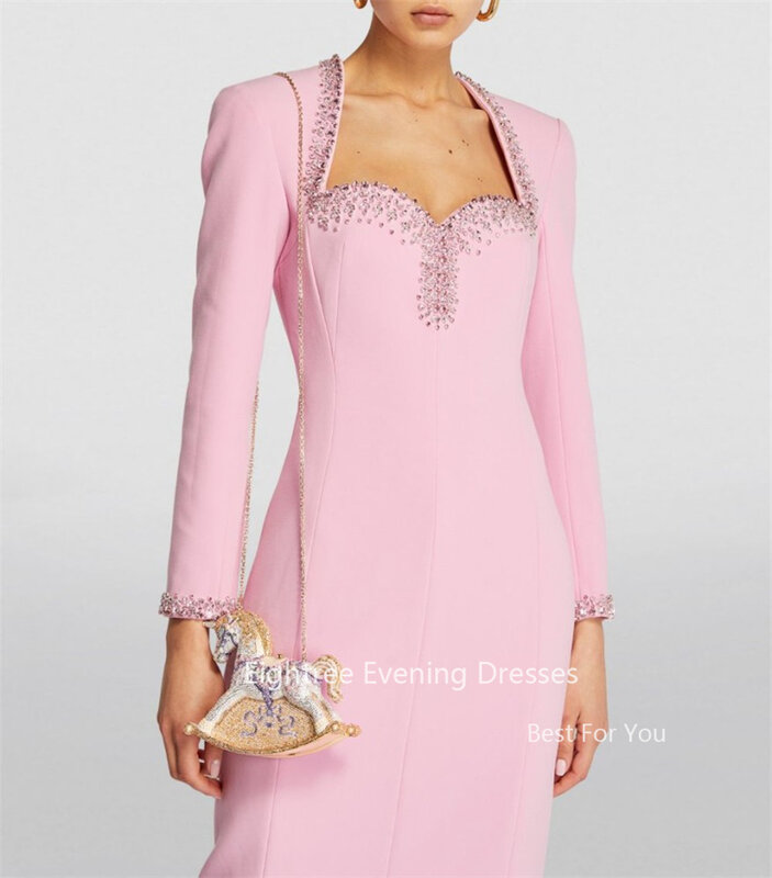 Eightree gaun pesta malam panjang merah muda gaun manik-manik lengan panjang gaun Prom Formal leher berkilau gaun acara Speical belahan depan