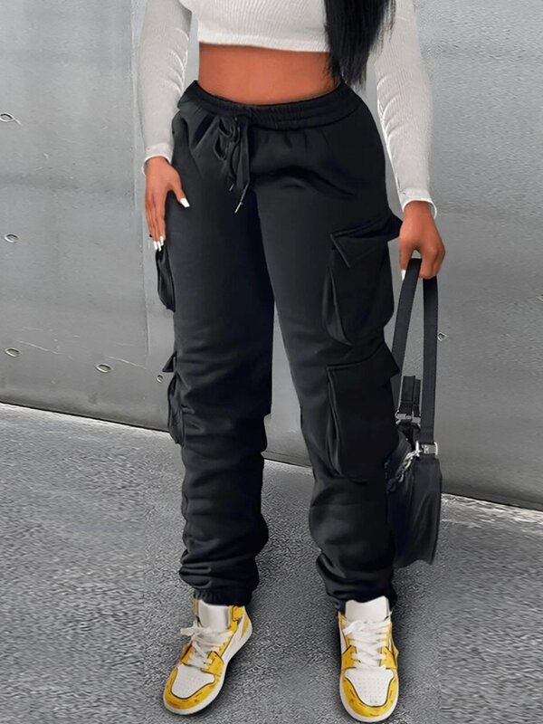 LW kieszeń w jednolitym kolorze spodnie dresowe boczne kieszenie sznurkiem Cargo spodnie damskie rozciągliwe modne spodnie typu Casual