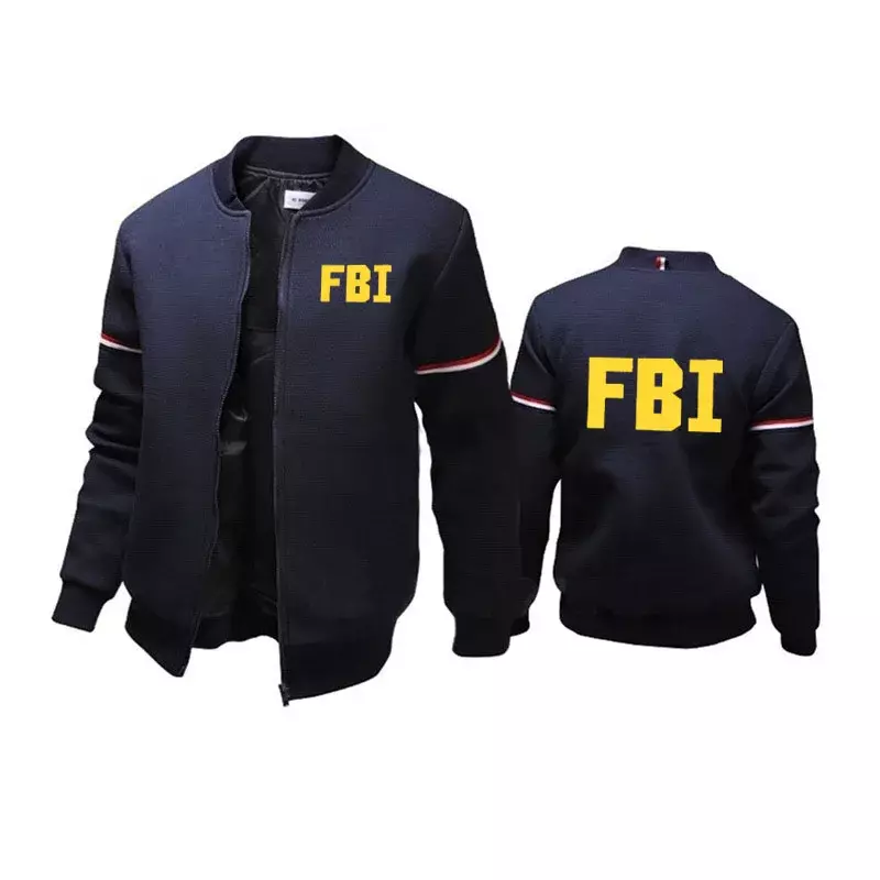 เสื้อสเวตเตอร์ถักซิปแจ็คเก็ตลำลองเสื้อวอร์มผ้าฝ้ายเสื้อโค้ทฤดูใบไม้ผลิพิมพ์ลาย FBI เสื้อแจ็คเก็ตสำหรับผู้ชาย