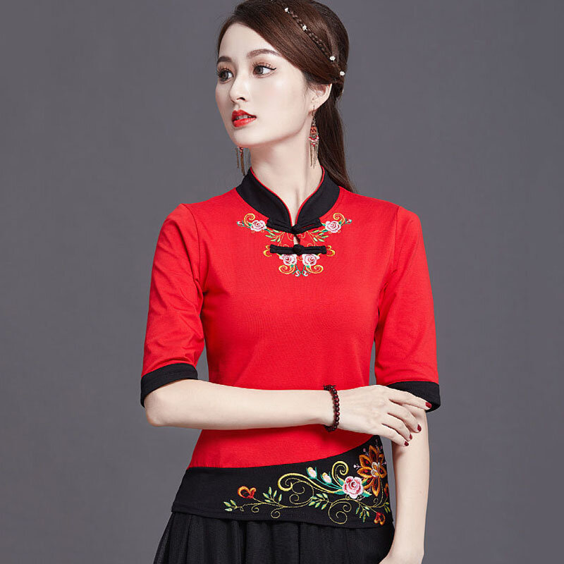 Traditionele Chinese Kleding Dames Plus Size Tops 2024 Zomer Katoenmix Borduurwerk Kleur Splicing Tang Kostuum Shirts Vrouw