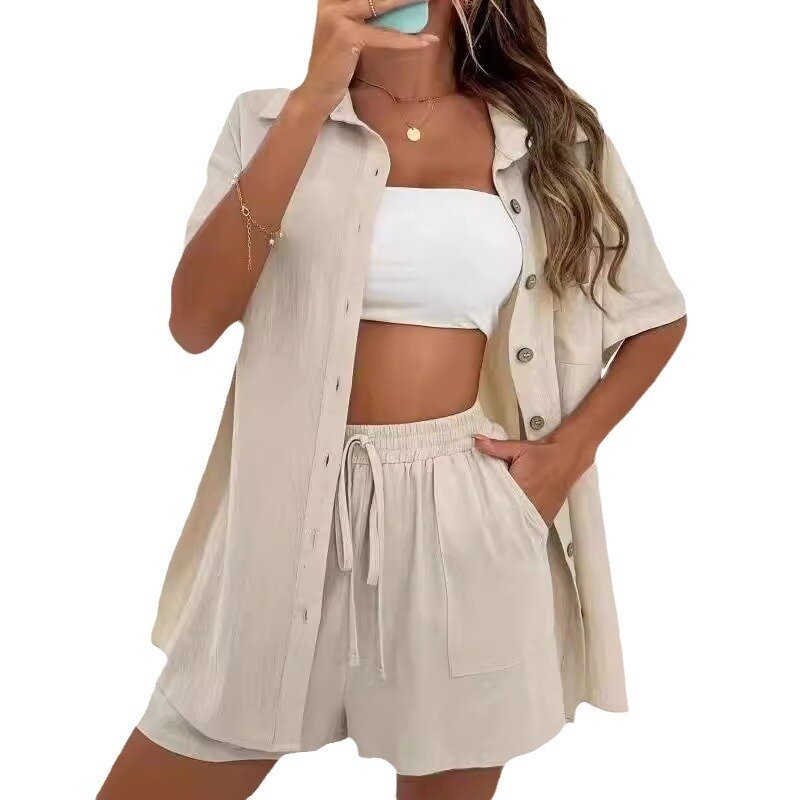 Conjunto de calções elástico na cintura feminino, camisa simples de linho e algodão, conjunto casual solto de 2 peças, verão