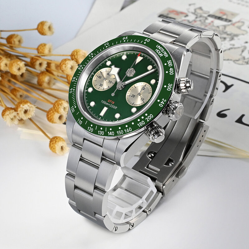 San Martin jam tangan kronograf pria, 40mm Panda BB gaya mode olahraga ST1901 safir mekanik Manual tahan air 100M BGW-9