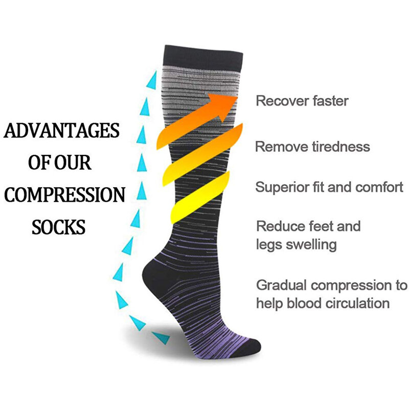 ถุงน่องรัดกล้ามเนื้อทุกเพศถุงเท้าสายรัดขายืดเส้นเลือดขอดที่หัวเข่าลายจุดสีรุ้งมีความยืดหยุ่นสูงใหม่