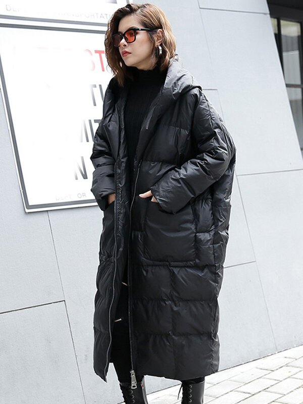 [EAM] Новинка 2024, зимняя куртка с капюшоном и длинным рукавом, однотонная, черная, с хлопковой подкладкой, теплая, свободная, большой размер, Женская парка, модная, JD12101