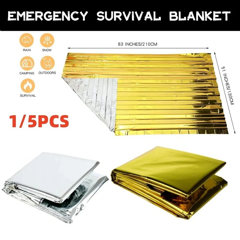 Manta de supervivencia de oro-plata de emergencia para exteriores, cortina de rescate de primeros auxilios impermeable, lámina militar térmica, 160x210cm, 1-5 unidades