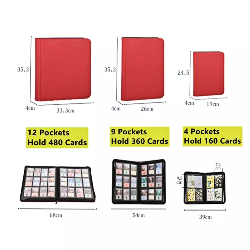 Álbum de tarjetas de cuero PU con cremallera para juegos, bolsillo fijo adecuado para MG/PKM/FOW/YGO, carpeta montada lateral, cuadrícula 4/9, 160/360 bolsillos por página