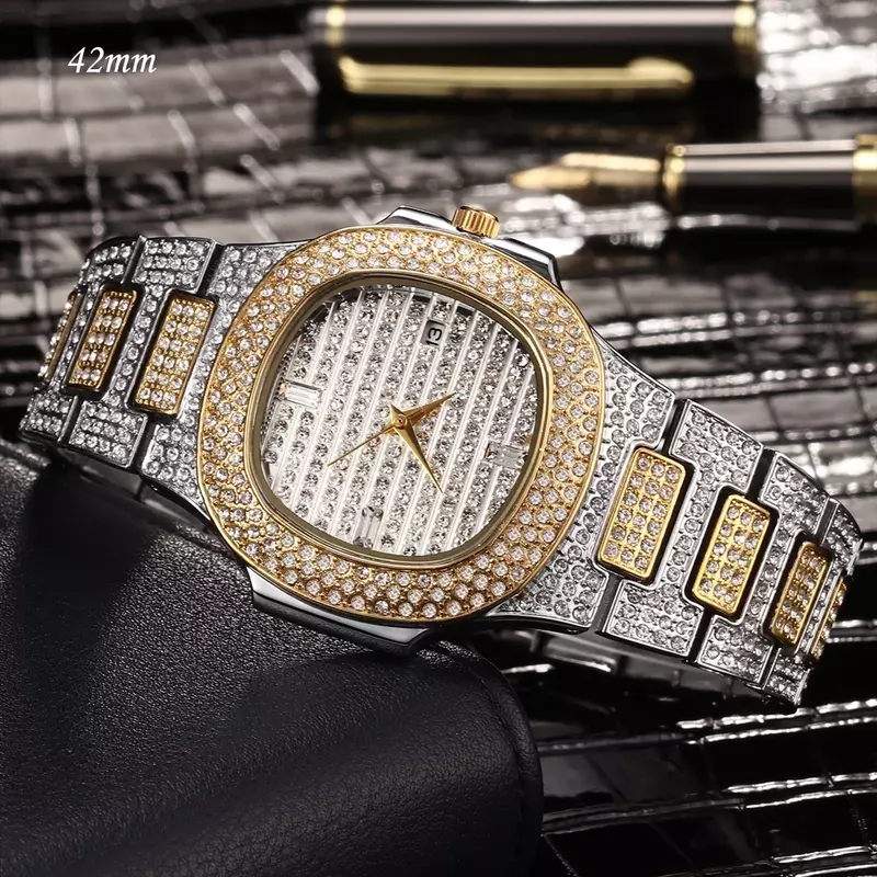 풀 블링 다이아몬드 시계, 남성 럭셔리 브랜드 힙합 아이스 쿼츠 시계, 비즈니스 시계, 방수 남성용